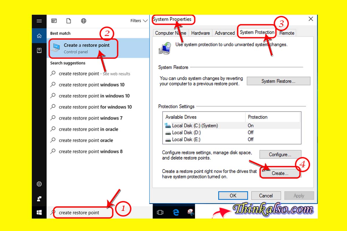 guide image to create system restore point on Windows 10 desktop